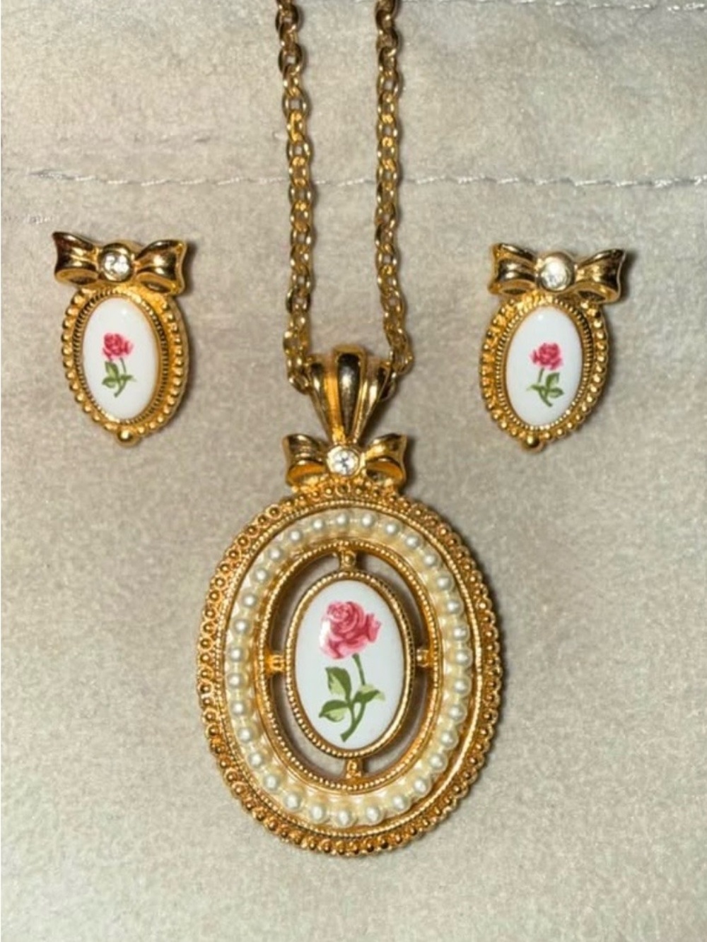Avon Gold-Tone Pendant Necklace and Earrings with Pink Rose Motif